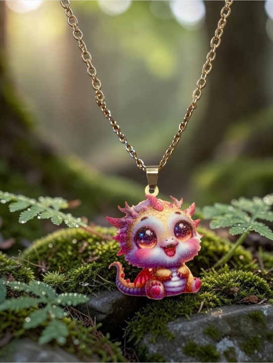 Source unknown￼ Other - Kids Cute Dragon Necklace - Pink & Gold Pendant Silver chain